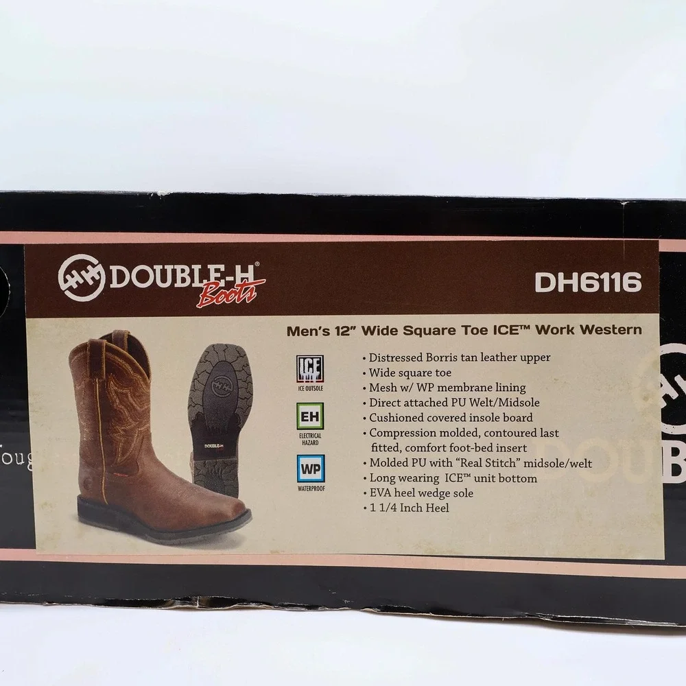 Double-H Boots Mens 13 D Distressed Tan Leather Square Toe ICE Boots DH6116 NWB